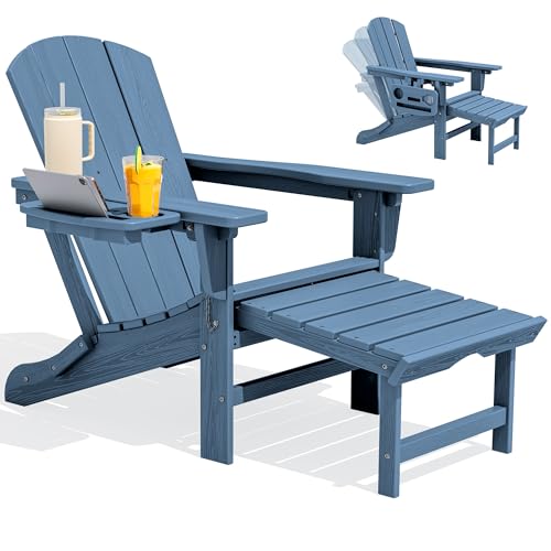 SERWALL Folding Adjustable Adirondack Chair with Footrest HDPE Outdoor Chair with 4-in-1 Cup Holders All Weather Adirondack Chair with Ottoman Blue