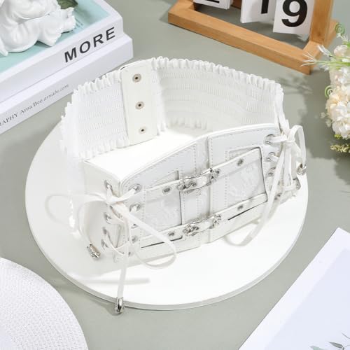 White Corset Belt Lace Up Faux Leather Wide Elastic Waist Belts Vintage Medieval Around Obi Trendy Waistband with Alloy Buckle Loosens Bulk for Women Dress Shirts Clothes Costume Accessories3