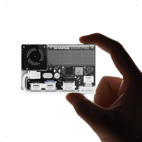 Image of sharge Disk Pro 1TB Portable SSD with Active-Cooling Fan, 4-Port Hub with HDMI 2.1, 10 Gbps Built-in Cable, Magnetic External Solid State Drive for MacBook, PC and More-White