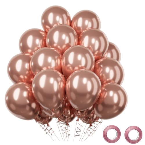 QIFU Metallic Rose Gold Balloons 50 Pack Rose Gold Balloons Glitter Metallic Latex Balloon with Ribbons for Birthday Party Decorations Wedding Baby Shower Bachelorette hen Party Valentines Day