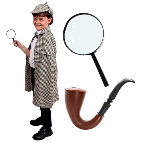 Victorian Detective Deluxe Fancy Dress Set With Hat - Standard - Deerstalker Hat, Fake Pipe, Magnifiying Glass and Matching Cape - Perfect for Book Week or Halloween Fancy Dress Costumes
