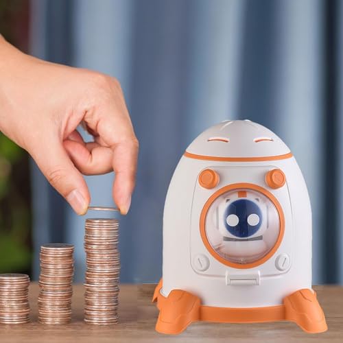 Image of Money Saving Bank with Coin Slot / /Creative Cartoon Design Money Bank / /Plastic Piggy Bank for Boys & Girls (Pack of 1) (Astronaut Money Bank - Orange)
