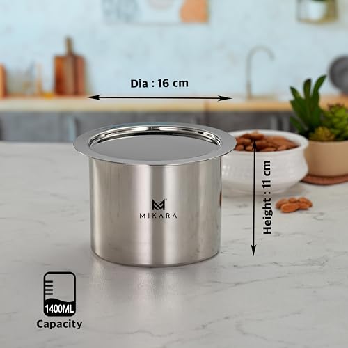 Image of MIKARA Stainless Steel Tope with Lid | Flat Bottom Patila | Heavy Duty Kitchen Cookware| for Gas & Induction Use| Strong, Durable & Multipurpose Cookware. Space Saving (1400 ml)