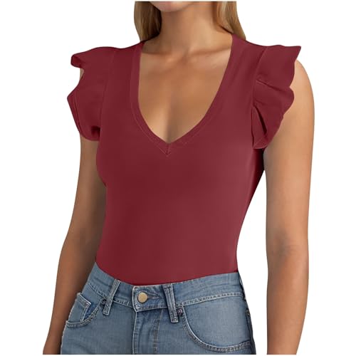 Camiseta de verano para mujer, estilo casual, cuello en V, sin mangas, de punto acanalado, cómoda, con volantes, color sólido, básica, para salir y vacaciones, 01 Vino, XXL