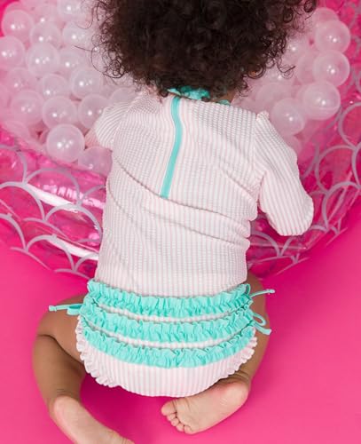 Image of RuffleButts Baby-Girls Seersucker Long Sleeve Rash Guard - One Piece Swimsuit UPF 50+ Toddler