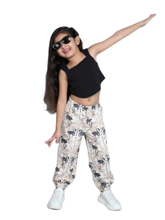 Girls Cotton Rib Sleeveless Solid Top & Palm Tree Printed Joggers Set