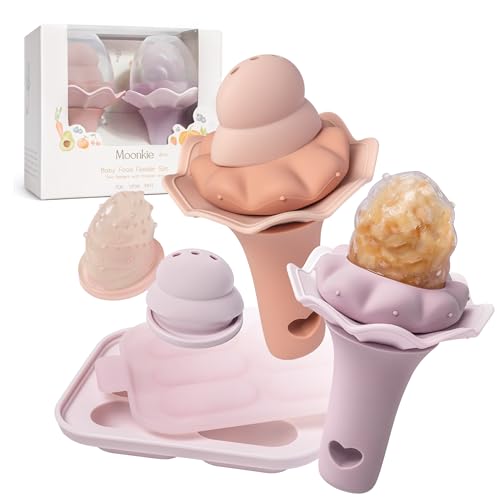 Image of Moonkie Baby Fruit Feeder with Freezer Tray, BPA Free Silicone Food Feeder for Infant Self Feeding, Breastmilk Popsicle Molds, Mesh Feeder with Two Pouches, Baby Shower Gifts 4 Months+, 2 Pack