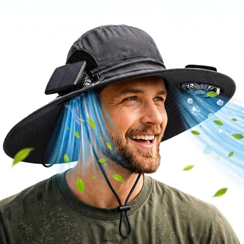 Berlune Sun Hat with 2 Solar Fan Wide Brim Fishing Bucket Hat USB & Solar for Men Women UPF 50+ Cooling for Fishing Beach(Dark Gray 5.9 Inch Brim)