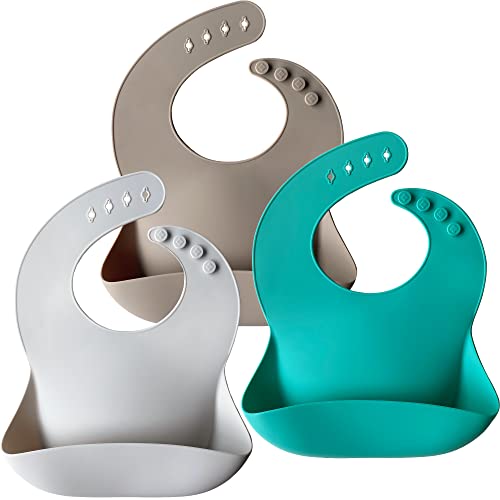 Image of Moonkie Silicone Baby Bibs Set Of 3, BPA Free Soft Adjustable Fit Waterproof Feeding Bibs for Babies and Toddlers(Kallaite/Lunar Grey/Offwhite)