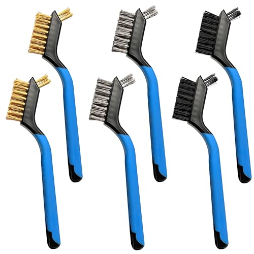 Image of Mini Wire Brush Set 6Pcs - Nylon /Brass /Stainless Steel Bristles with Curved Handle Grip for Rust, Dirt & Paint Scrubbing with Deep Cleaning