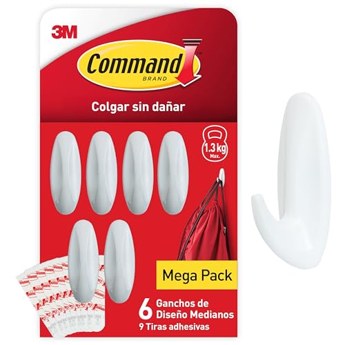 Command Ganchos de Diseño Medianos, Blanco - 6 Ganchos y 9 Tiras Medianas para Interior - Organizar sin Dejar Marcas
