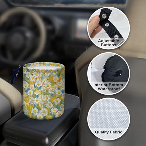 Image of White Daisy Car Garbage Trash Can Foldable Waste Basket Container Bag Bin Portable Cup Holder Organizer with Strap Universal Car Interior Accessories for Fit Most Cars, SUVs, Trucks