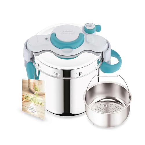 SEB ClipsoMinut'Easy + bleu 6L poignées rabattables Cocotte-minute InductionLivre de 100 recettes Autocuiseur Inox Fabriqué en France Facile à utiliser P4900716