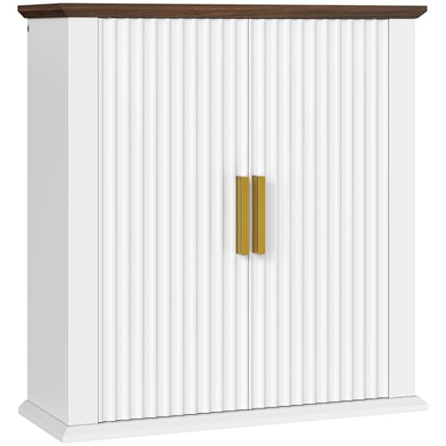 Armario de baño empotrado en pared CHOEZON, armario para medicamentos, armario de baño acanalado con estantes ajustables, armario de almacenamiento de estilo granjero para baño, cocina y lavandería, blanco y nogal miniatura 1
