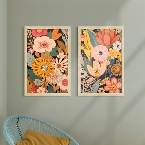 Image of ArtX Paper Boho Art Paintings with Frame for Home Decor, Floral Wall Painting for Living Room, Multicolor, Natural Wood Color Frames, Set of 2