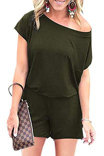 Alelly Women's Off Shoulder Elastic Waist Beam Foot Jumpsuit Rompers Green
