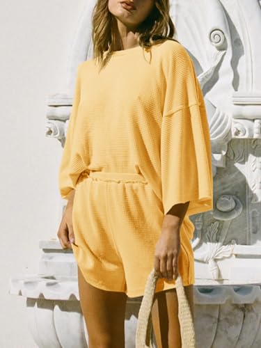 Image of Tankaneo Womens Short Sets 2 Piece Outfits 3 /4 Sleeve Tops and Elastic Waist Shorts Lounge Set Casual Loungewear
