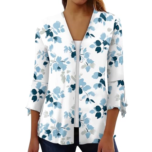 Womens Open Front 3/4 Sleeve Cardigan - Lightweight Plus Size Floral Shrugs - Boho Draped Ruffles Dressy Cardigan