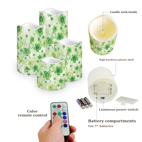 Image of Saint Patrick's Day Green Leaf Plastic Flameless Candles with Remote Control and Timer LED Flickering Battery Electric Pillar Candles for Table St. Patrick's Day Decoration