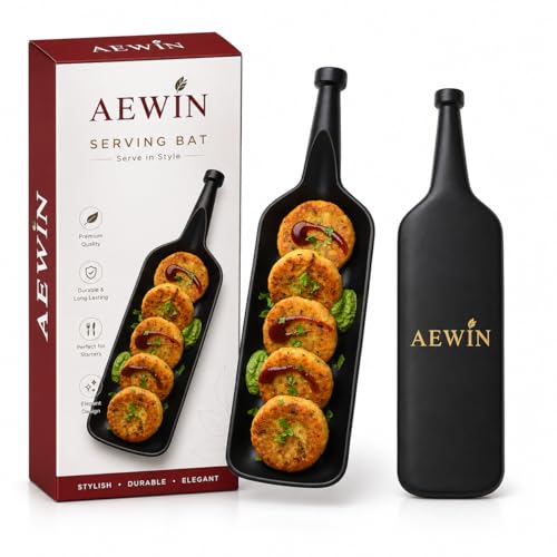 Image of AEWIN Serving Bat Platter for Snacks & Starters | Premium Black Serving Tray with Handle | Stylish Serving Plate for Appetizers, Finger Foods, Desserts & Party Serving | Restaurant & Home Use Black