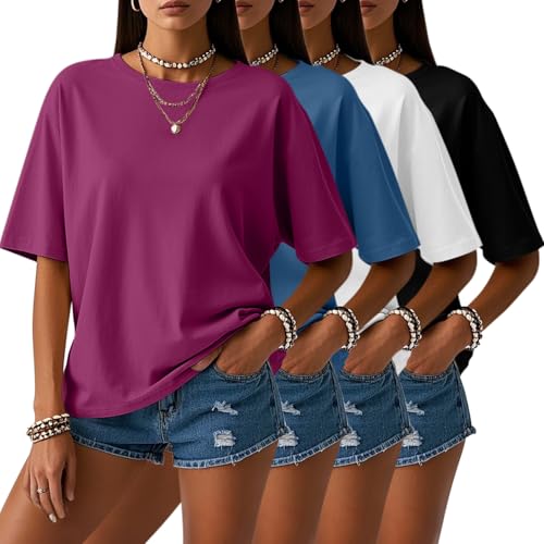 Neer 4 Pack Women's Half Sleeve Top Elbow Length T Shirt Oversized Round Neck Cotton Tee Summer Casual Tops