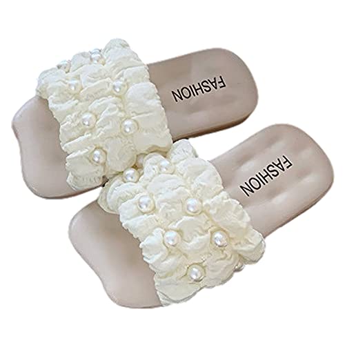 rismart Girls' Pearl Slide Sandals Open Toe Wide Flat Summer Slippers for Indoor Outdoor3