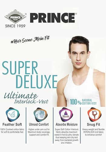 Image of Prince Super Deluxe Round Neck Cotton Men's Vest- White, Feather Soft 100% Combed Cotton, Snug Fit, Quality Stitching - Moisture Absorbing & Breathable