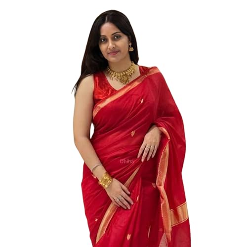 Image of Original Maheswari Cotton Silk Saree for Women | Kanjivaram Pure Silk Cotton Sari with Blouse | Zari Work | Tassels | Handloom Weave