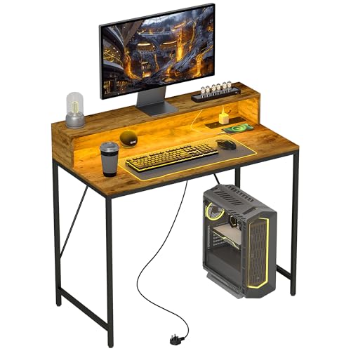 HOMCOM 100cm Escritorio de Ordenador con Luces LED y Tomas de Corriente, Escritorio de Juego con Soporte de Monitor, Mesa de Ordenador con Mando a Distancia para el Estudio de la Oficina en casa,