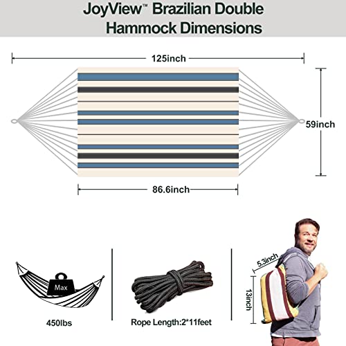 Image of JoyView Brazilian Double Hammock with Hanging Ropes Extra Large 86.6x59 inch Portable Cotton Hammock for Patio Backyard Porch 450LBS Weight Capacity Perfect for Outdoor /Indoor - Blue & White Stripes
