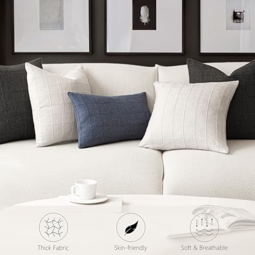 Image of Foindtower Set of 1 Decorative Linen Check Throw Pillow Cover Neutral Farmhouse Vintage Cushion Cover Modern Boho Home Decor for Sofa Chair Couch Bedroom Living Room,22x22 Inch,Cream White