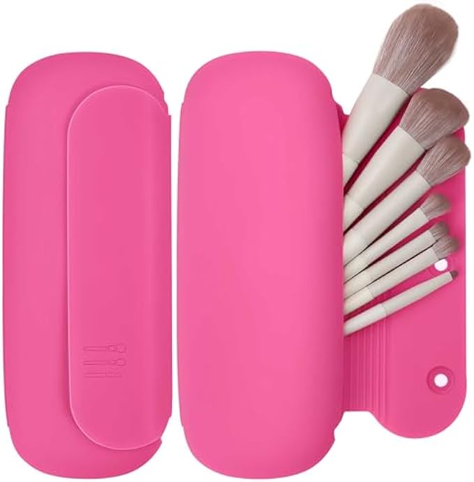 Travel Makeup Brush Holder,Silicon Portable Cosmetic Face Brushes Holder with Built-in Brush Cleaner,Upgrade Travel Essentials Makeup Brush Case,Makeup Tools Organizer for Travel,(Sky Blue)