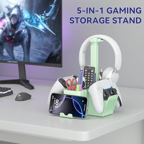 KDD Soporte Mando PS5 con Soporte Auriculares Gaming, Universal Soporte Cascos y Mando, Multifuncional Organizador Gaming Mesa para Xbox One PS4 Nintendo Teléfono Switch Accesorios Juegos PC, Verde - imagen 6
