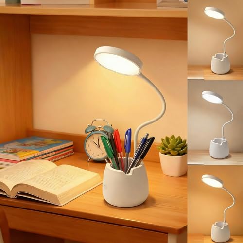 Schreibtischlampe Kinder mit Stifthalter - LED Dimmbare Tischlampe mit USB Touch-Schalter Handy Ständer 3 Lichtmodi und Dimmbar Wiederaufladbare Dimmbare Nachttischlampe Schreibtischlampe für Kinder