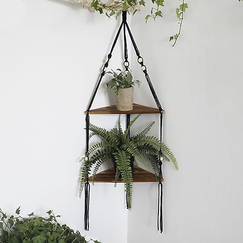 Artilady Black Corner Shelf Wall Hanging - 2 Tier Wood Floating Shelves, Rustic Boho Wall Shelf Decor Hand Woven Cotton Rope Storage Rack for Plants Pots Photo Frames (Black)