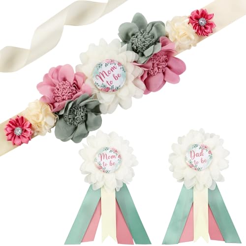 Image of Dusty Rose and Sage Green Baby Shower Maternity Sash Kit, Dusty Pink Gender Reveal Belly Belt and Mom To Be Dad To Be Corsage Pins, New Parent Pregnancy Announcement Photo Prop Party Supplies