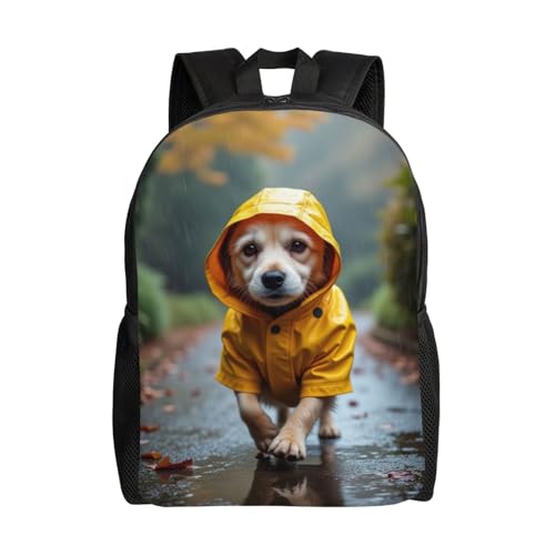 Comfort Fit Unisex Dog in Yellow Raincoat in Puddle Backpack Durable Daily Commute Travel Adventures 16 Inch
