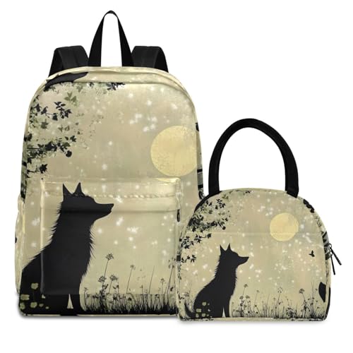 Backpack Lunch Bag Set Fairy Tale Wolf Print, Big Storage Travel Backpacks with Insulated Lunch Box for Office Hiking Picnic