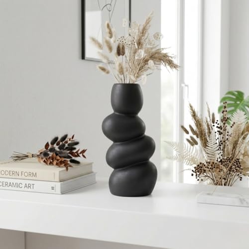 Image of Ceramic Stone Vase for Home Decor Ceramic Vase for Pampas Grass, Abstract Bubble Stacked Pebble Design, Minimalist Ceramic Vases for Flowers (Black Pebble)