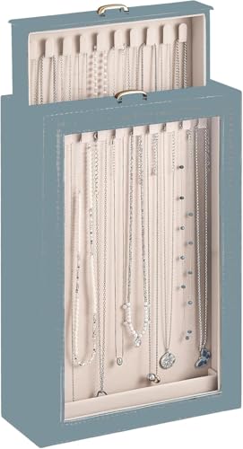 Lolalet ネックレスオーガナイザーボックス 2層ジュエリーディスプレイホルダー ネックレス用 透明窓付き吊り下げ収納ケース レディース -ダストブルー