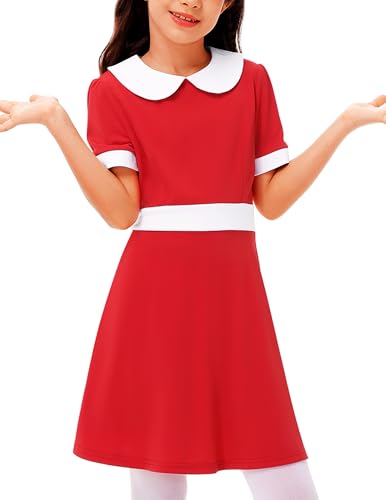 Remimi Halloween Girls Short Sleeve Peter Pan Collar A-Line Red Dresses 3-14 Years