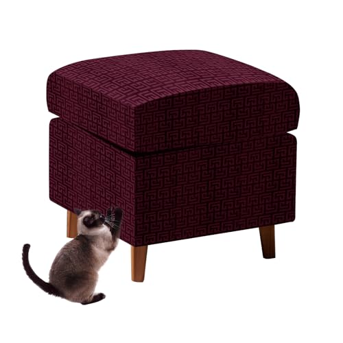 Sfcover Funda Puff Cuadrado con Funda para Cojín,Elástico Terciopelo Fundas Protectoras para Otomanas, Cubierta De Taburete con Cordones Fijos (Vino,M+Cushion (2pcs))