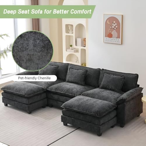 Image of Modern U Shaped Sectional Sofa, Plush Chenille Upholstery, Extra Deep Seats with Throw Pillows for Living Room Office Hotels (Black)