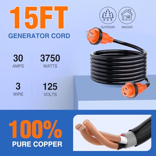 Image of Nilight 30 Amp 15FT Generator Extension Cord 3 Prong Shore Power Cords with Locking Waterproof NEMA L5-30P L5-30R Cable Heavy Duty 10AWG ETL Listed for RV Marine Boat Generators Outdoor Use