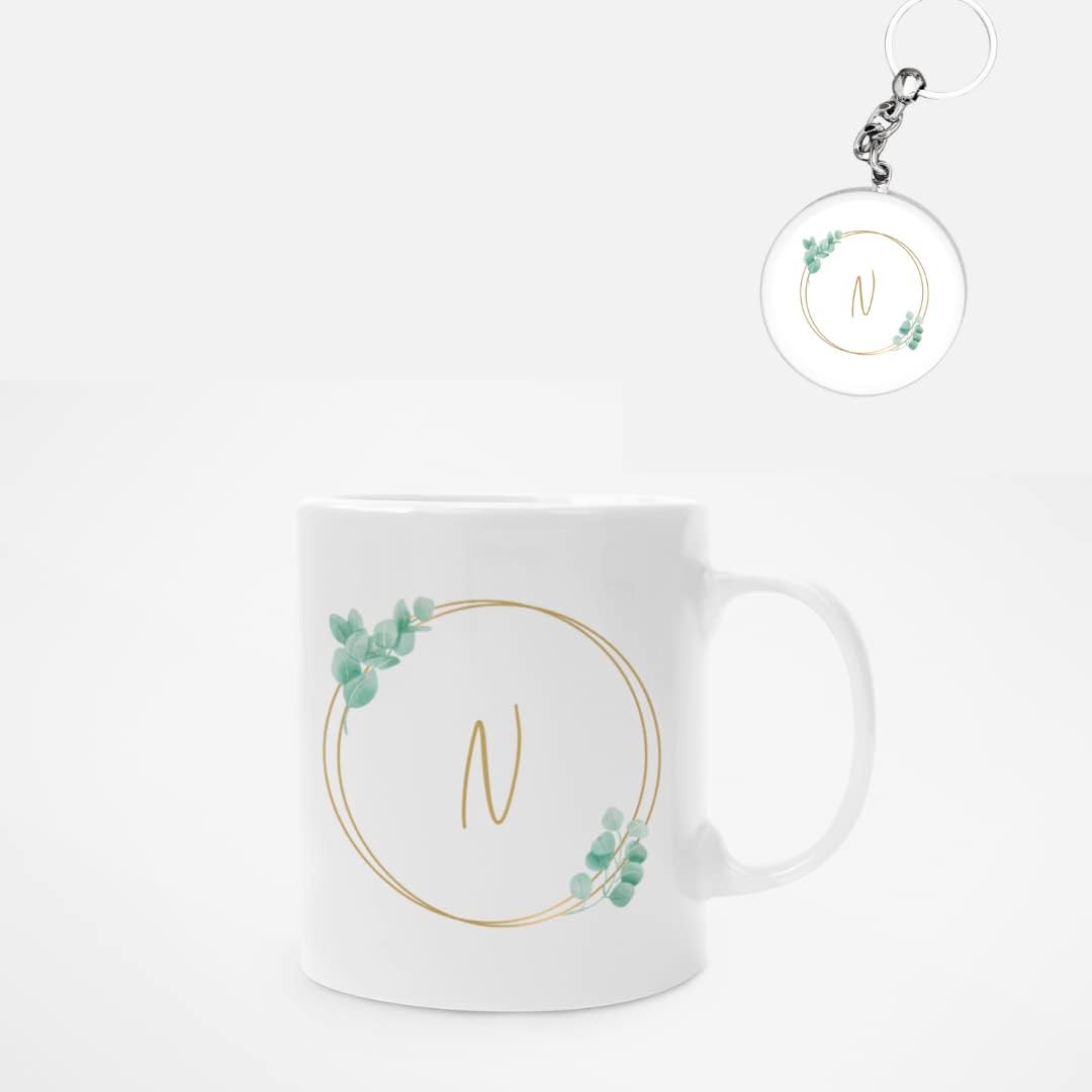 53Printz|Letter Mug + Keychain Design| N Letter Floral Design | Drink Up in Style | Personalized Printed Ceramic Mug for Hot Or Cold Beverages|
