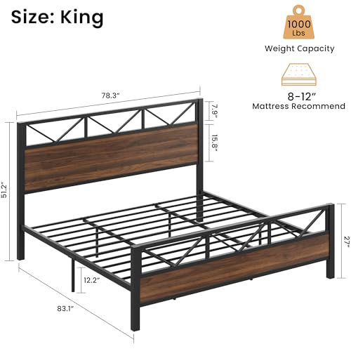 Image of LIKIMIO King Bed Frame, Tall Industrial Headboard 51.2 inch, Platform Bed Frame with Strong Metal Support, Solid and Stable, Noise Free, No Box Spring Needed, Easy Assembly, Walnut