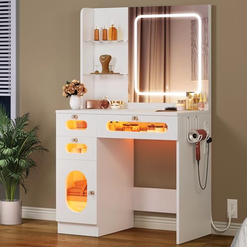 Tocador con iluminación,Cajones de tela Tocador con cajones de espejo Brillo ajustable,Tocadores con puertas, mesa de maquillaje con estante para joyas, estantes ajustables, color madera