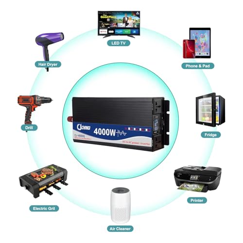 Pure Sine Wave Power Inverter, DC 12V to AC 220V 230V Converter, Car Power Inverter with 2 AC Outlets & LCD Display for RV, Truck, Solar, Camping, Outdoor (2200W/4000W (Peak))