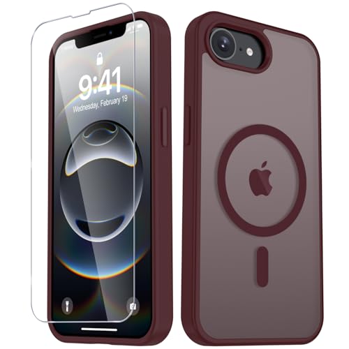 Image of YENAPOON for iPhone 17e Case, iPhone 16e Case, Matte Magnetic Phone Cover [with 1 Screen Protector] [Support for MagSafe] [Shockproof Military Grade Protection] Translucent Frosted Back, Wine Red