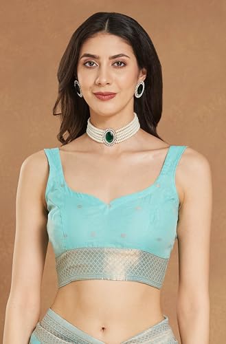 Image of Janasya Women's Sea Green Linen Blend Ethnic Motifs Woven Design Jacquard Saree with Blouse Piece